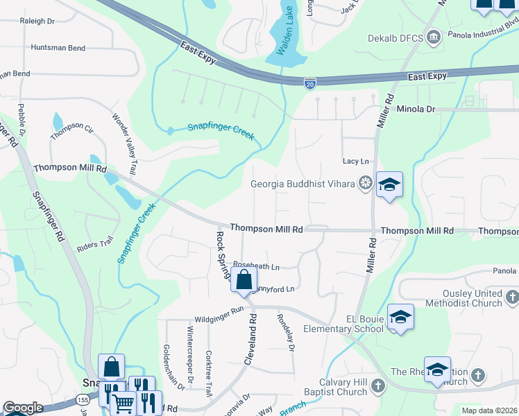map of restaurants, bars, coffee shops, grocery stores, and more near 3032 Rolling Meadows Court in Stonecrest
