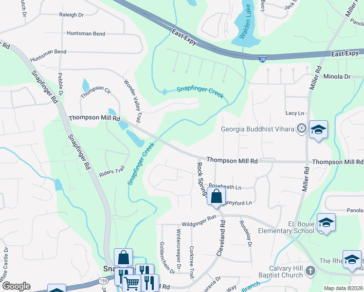 map of restaurants, bars, coffee shops, grocery stores, and more near 4700 Thompson Mill Road in Stonecrest