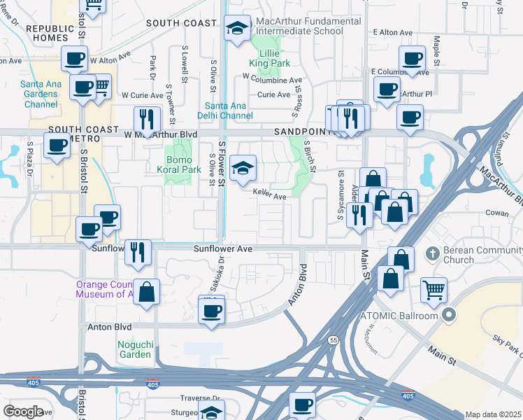 map of restaurants, bars, coffee shops, grocery stores, and more near 421 Nobel Avenue in Santa Ana