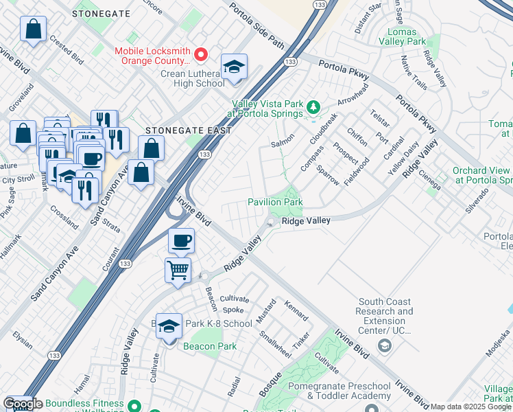 map of restaurants, bars, coffee shops, grocery stores, and more near 210 Compass in Irvine
