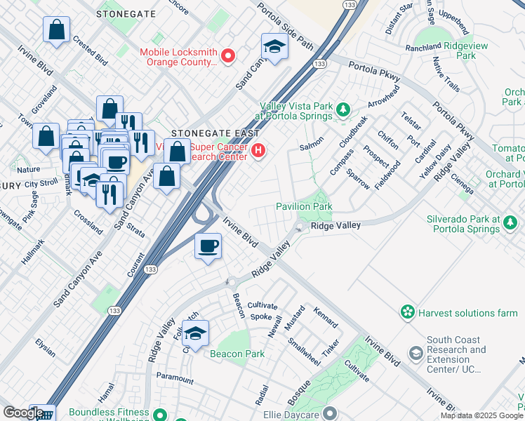 map of restaurants, bars, coffee shops, grocery stores, and more near 136 Java in Irvine
