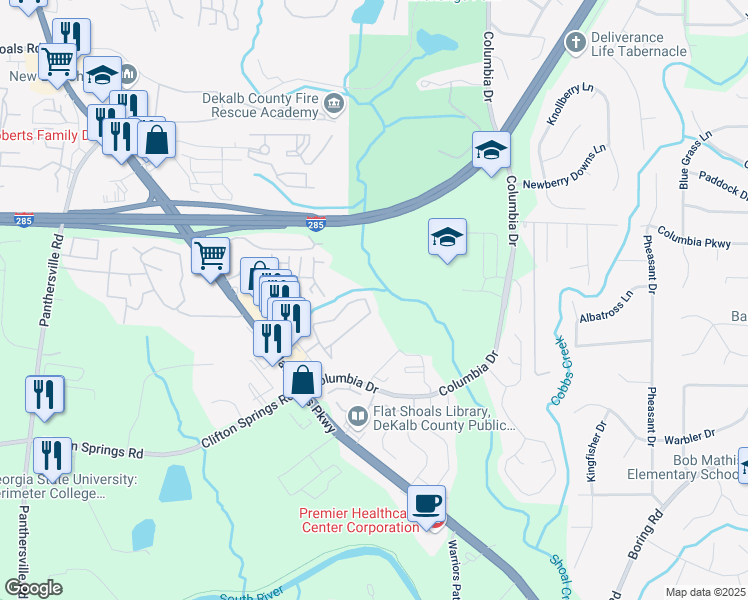 map of restaurants, bars, coffee shops, grocery stores, and more near 2852 Vining Ridge Terrace in Decatur
