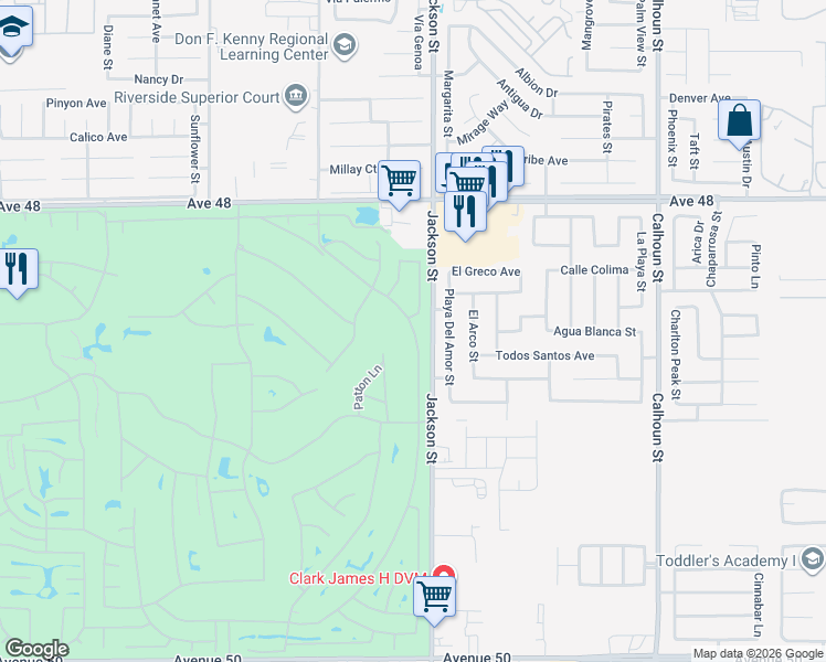 map of restaurants, bars, coffee shops, grocery stores, and more near 48638 Barrymore Street in Indio