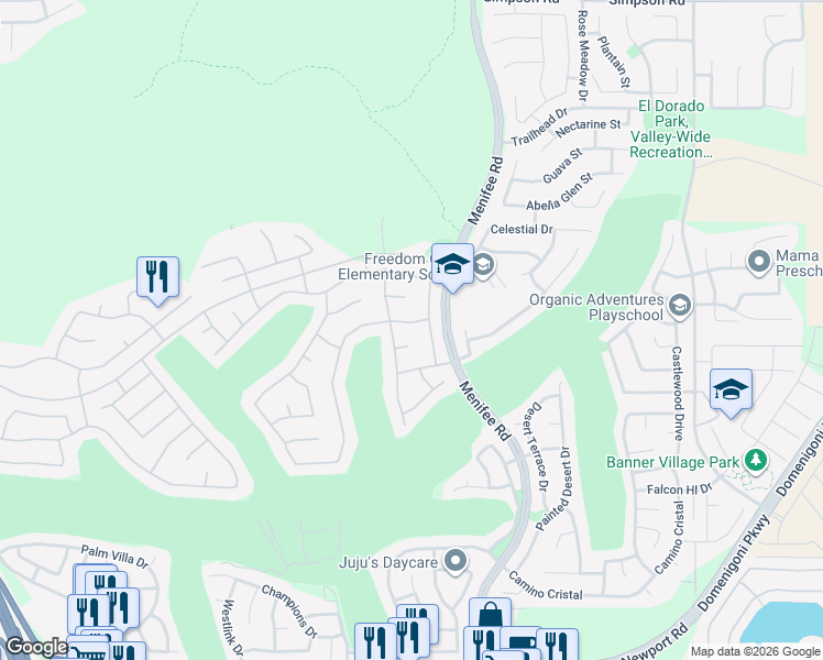 map of restaurants, bars, coffee shops, grocery stores, and more near 29213 Winding Brook Drive in Menifee