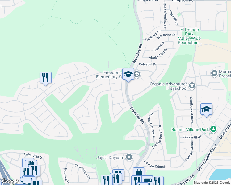 map of restaurants, bars, coffee shops, grocery stores, and more near 29213 Winding Brook Drive in Menifee