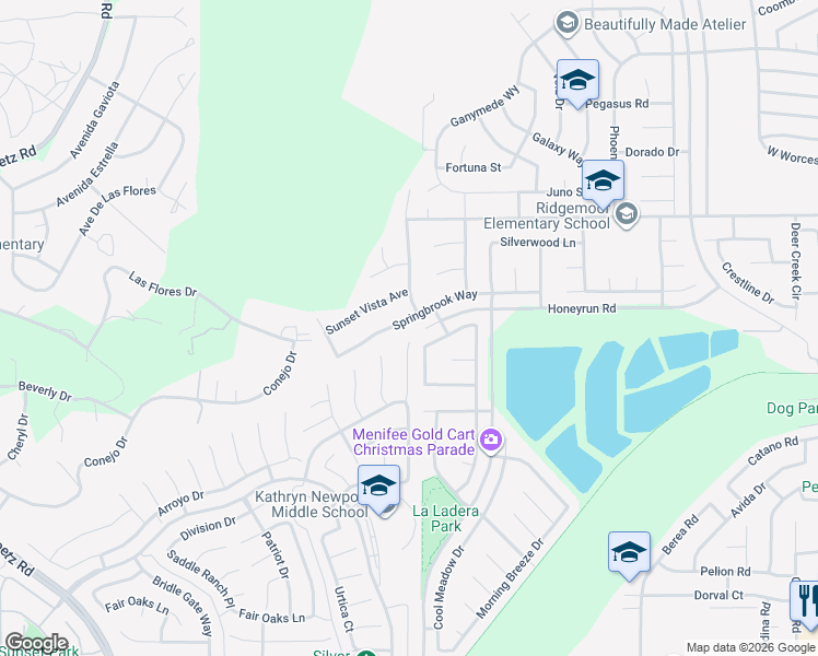map of restaurants, bars, coffee shops, grocery stores, and more near 24961 Springbrook Way in Menifee