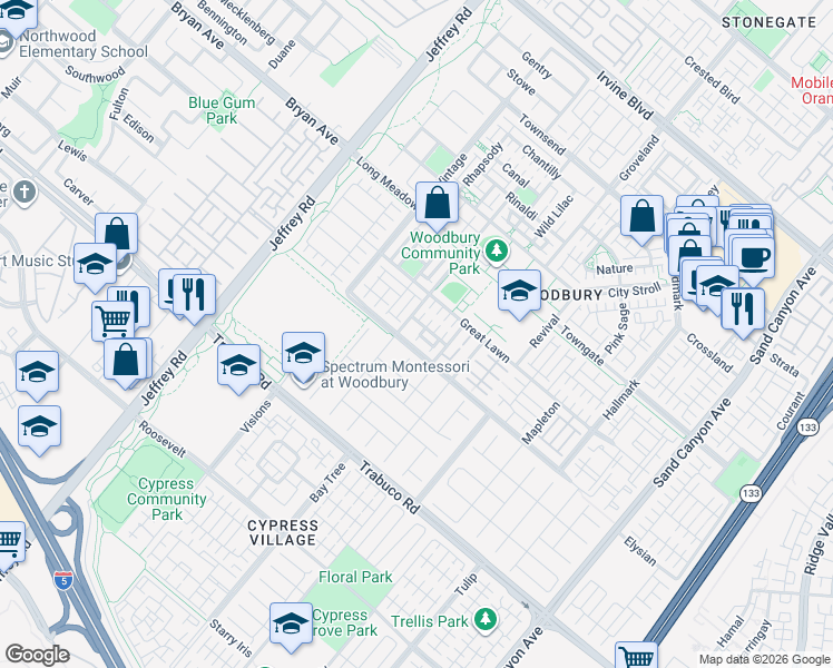 map of restaurants, bars, coffee shops, grocery stores, and more near 72 Sanctuary in Irvine