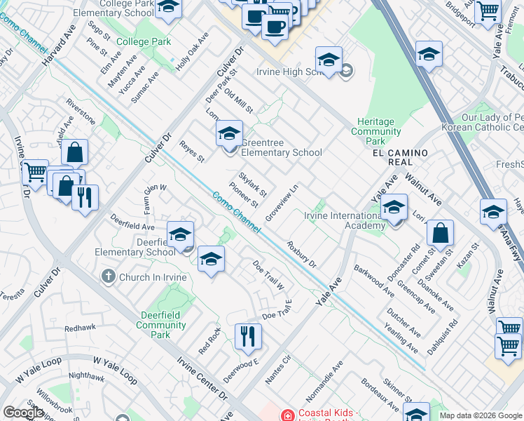 map of restaurants, bars, coffee shops, grocery stores, and more near 14911 Groveview Lane in Irvine