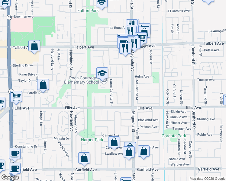 map of restaurants, bars, coffee shops, grocery stores, and more near 18313 Santa Carlotta Street in Fountain Valley
