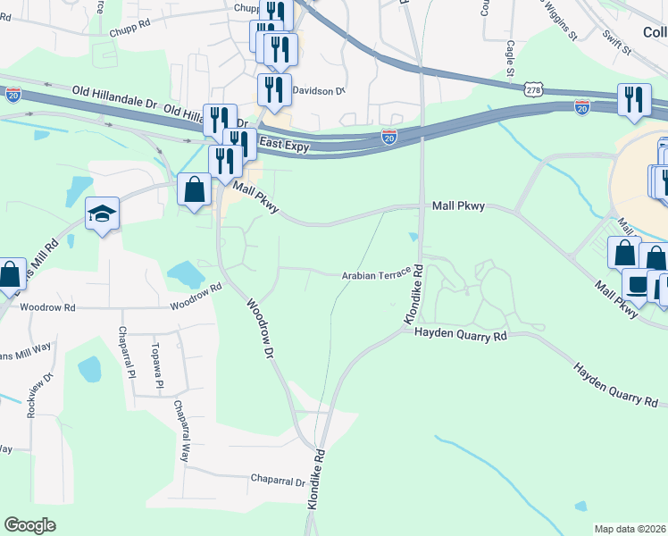map of restaurants, bars, coffee shops, grocery stores, and more near 6782 Arabian Terrace in Stonecrest