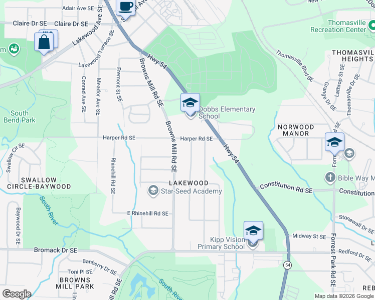 map of restaurants, bars, coffee shops, grocery stores, and more near 2130 Jernigan Drive Southeast in Atlanta