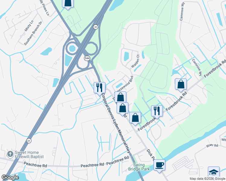 map of restaurants, bars, coffee shops, grocery stores, and more near 6511 Northumberland Way in Myrtle Beach