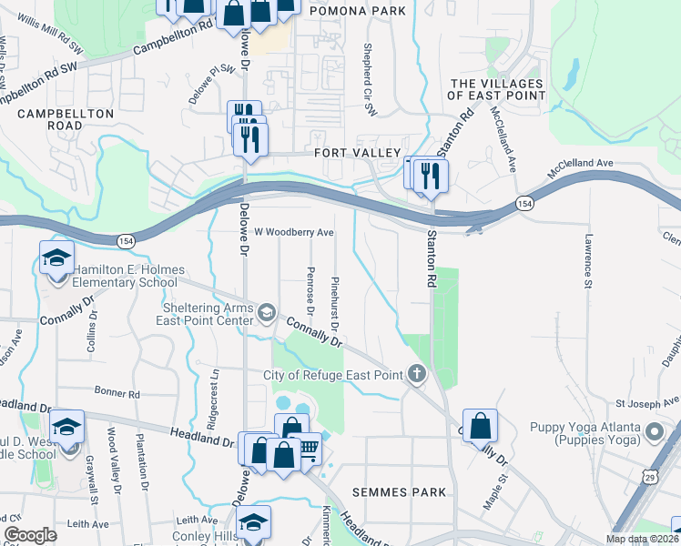 map of restaurants, bars, coffee shops, grocery stores, and more near 2158 Pinehurst Drive in East Point