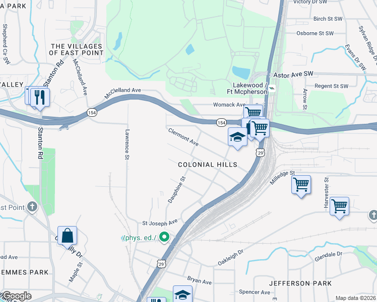 map of restaurants, bars, coffee shops, grocery stores, and more near 1445 Elizabeth Lane in East Point