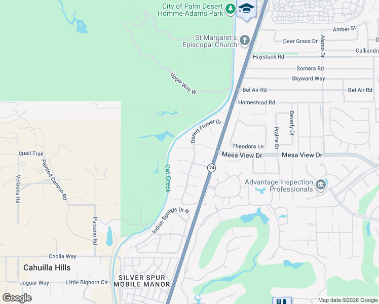 map of restaurants, bars, coffee shops, grocery stores, and more near 72339 Canyon Lane in Palm Desert
