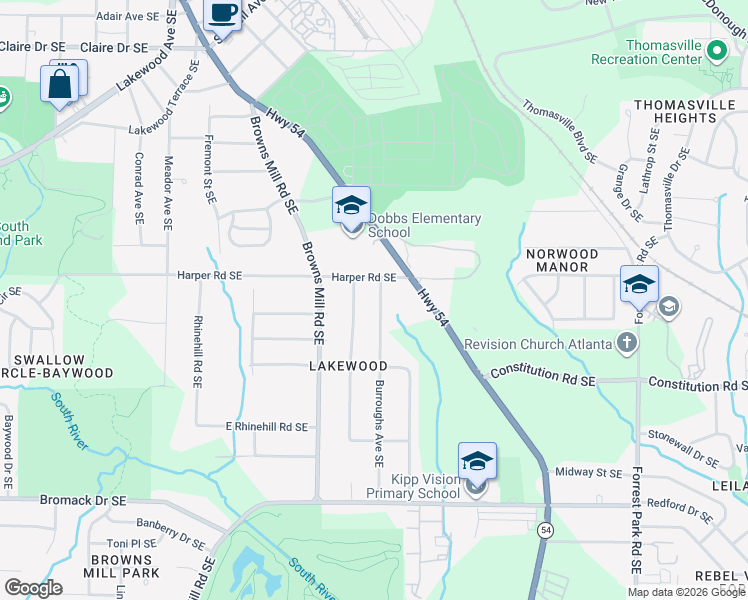 map of restaurants, bars, coffee shops, grocery stores, and more near 2129 Burroughs Avenue Southeast in Atlanta
