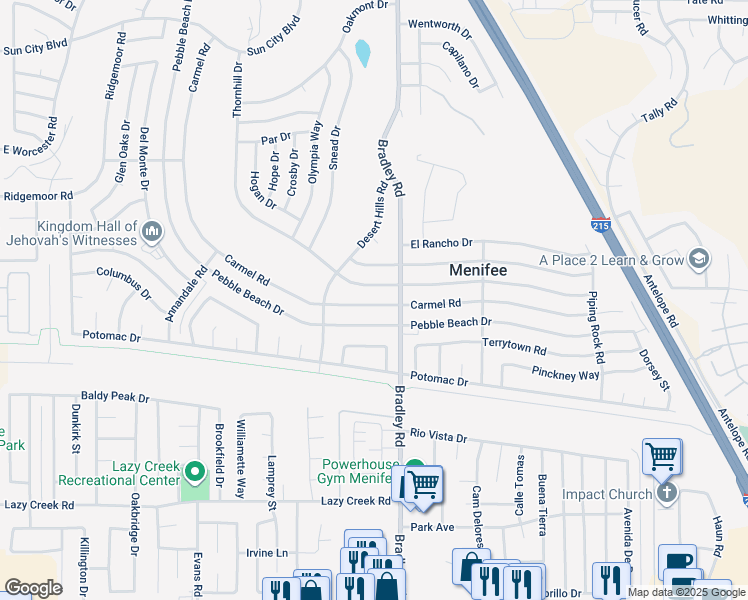 map of restaurants, bars, coffee shops, grocery stores, and more near 29640 Carmel Road in Menifee