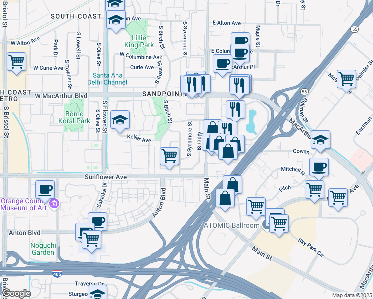 map of restaurants, bars, coffee shops, grocery stores, and more near 3814 South Sycamore Street in Santa Ana