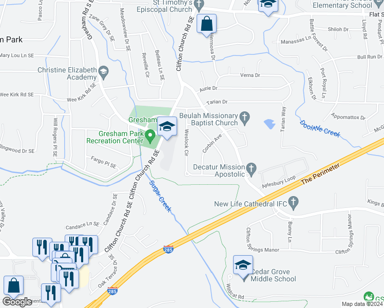 map of restaurants, bars, coffee shops, grocery stores, and more near 3058 Weslock Circle in Decatur