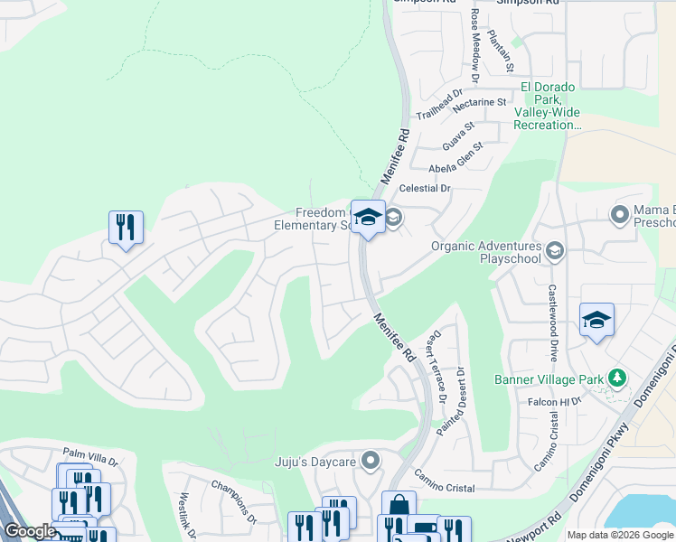 map of restaurants, bars, coffee shops, grocery stores, and more near 29213 Winding Brook Drive in Menifee