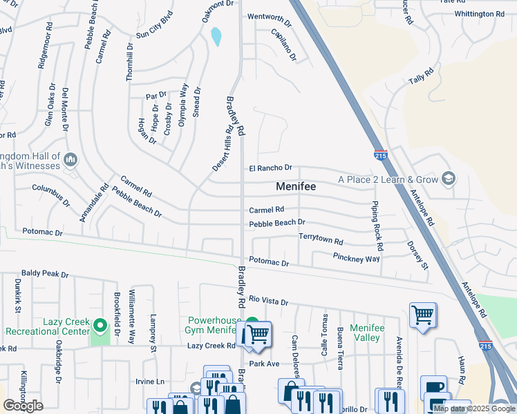 map of restaurants, bars, coffee shops, grocery stores, and more near 29764 Carmel Road in Menifee