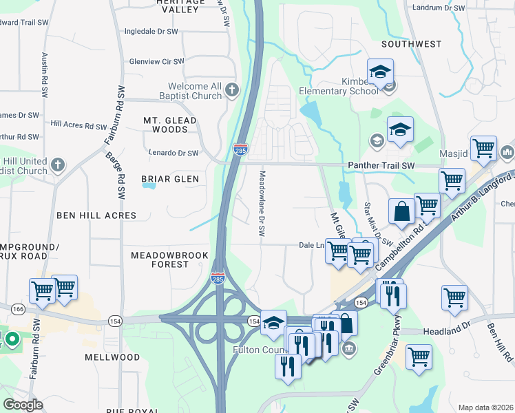 map of restaurants, bars, coffee shops, grocery stores, and more near 2181 Meadowlane Drive Southwest in Atlanta