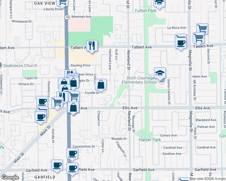 map of restaurants, bars, coffee shops, grocery stores, and more near 18352 Hartlund Lane in Huntington Beach