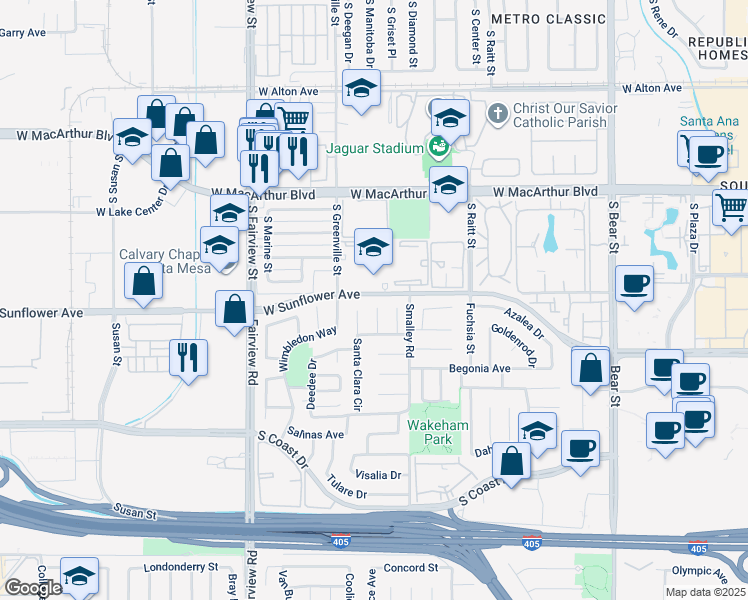map of restaurants, bars, coffee shops, grocery stores, and more near 3499 San Rafael Circle in Costa Mesa