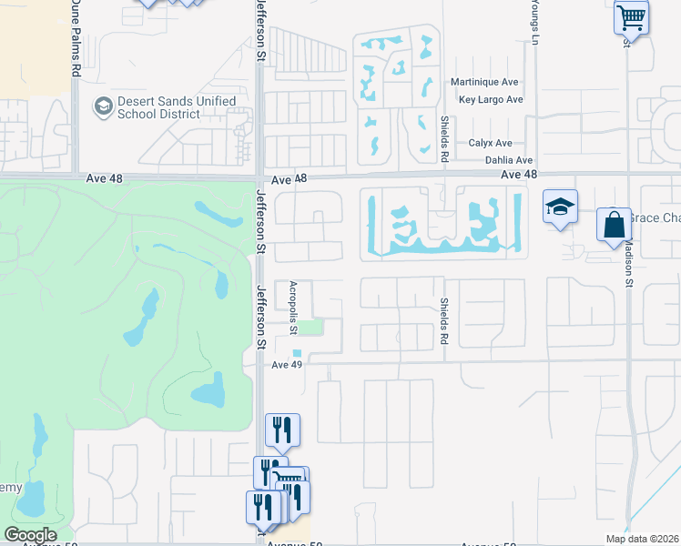 map of restaurants, bars, coffee shops, grocery stores, and more near 80234 Barcelona Avenue in Indio