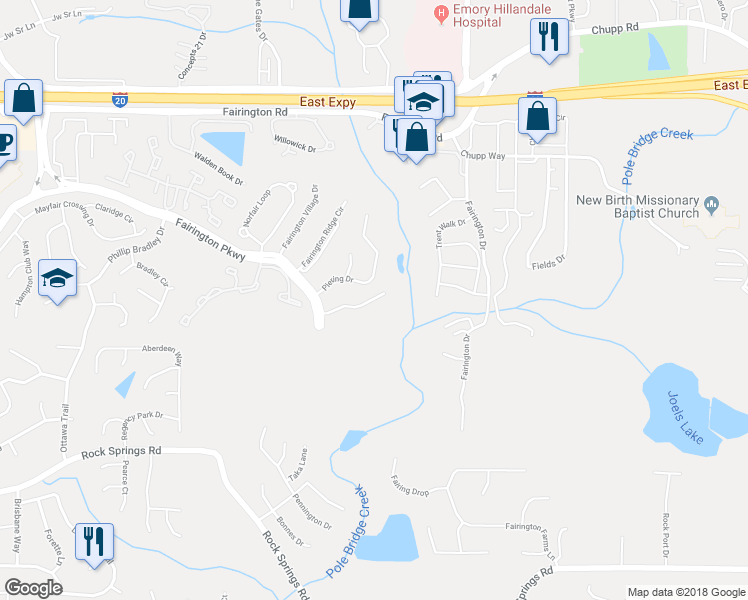 map of restaurants, bars, coffee shops, grocery stores, and more near 5101 Fairington Club Drive in Stonecrest
