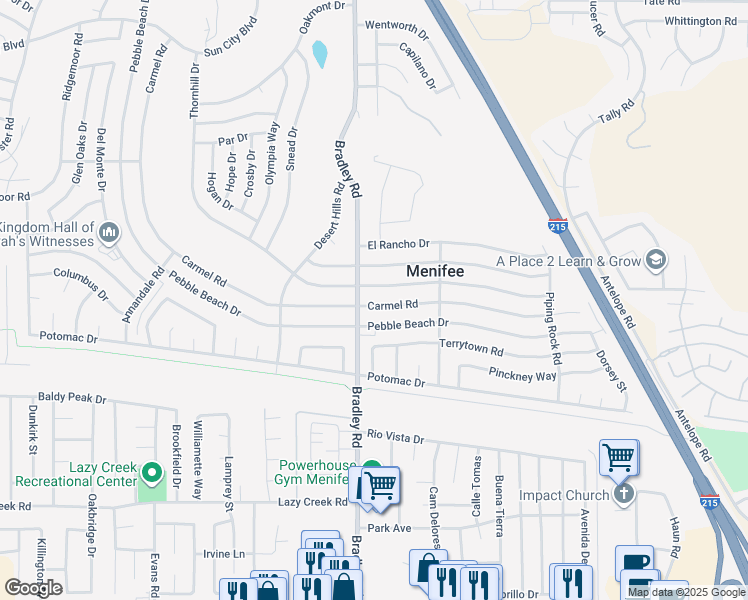 map of restaurants, bars, coffee shops, grocery stores, and more near 29744 Carmel Road in Menifee