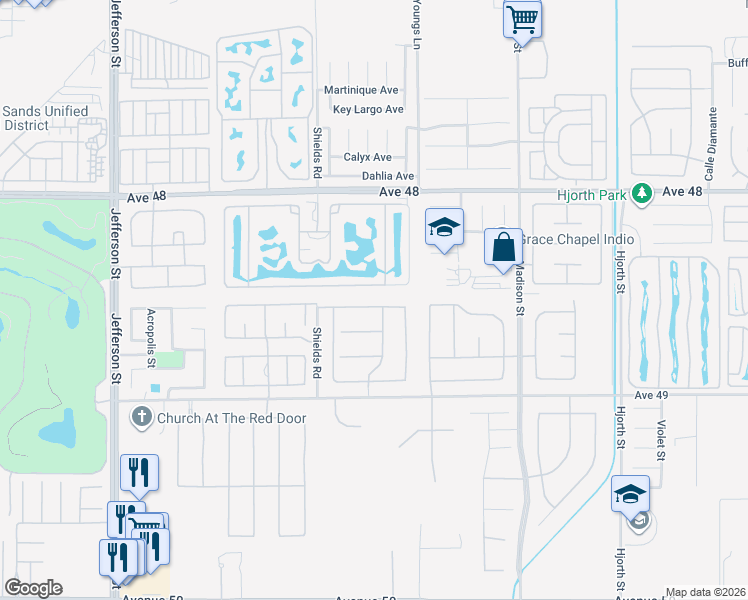map of restaurants, bars, coffee shops, grocery stores, and more near 80642 Plum Lane in Indio