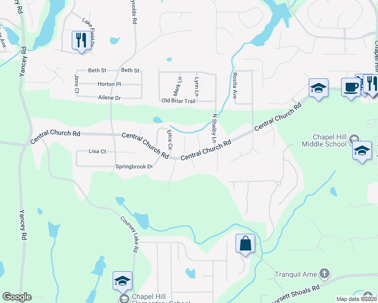 map of restaurants, bars, coffee shops, grocery stores, and more near 4790 Central Church Road in Douglasville