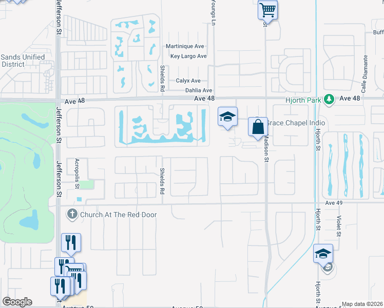 map of restaurants, bars, coffee shops, grocery stores, and more near 80642 Plum Lane in Indio