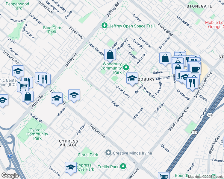 map of restaurants, bars, coffee shops, grocery stores, and more near 129 Alhambra in Irvine