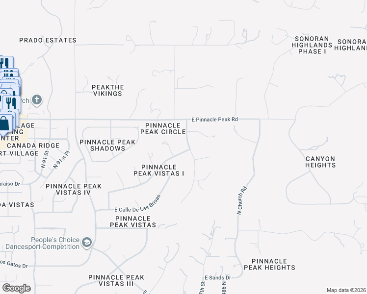 map of restaurants, bars, coffee shops, grocery stores, and more near 23202 North Dobson Road in Scottsdale