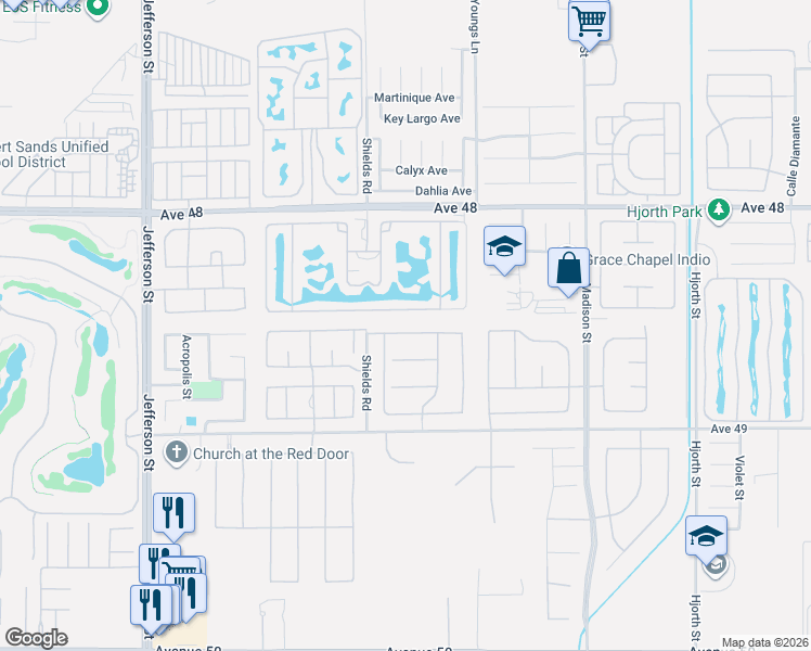 map of restaurants, bars, coffee shops, grocery stores, and more near 80590 Plum Lane in Indio