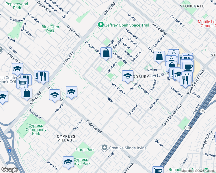map of restaurants, bars, coffee shops, grocery stores, and more near 127 Alhambra in Irvine