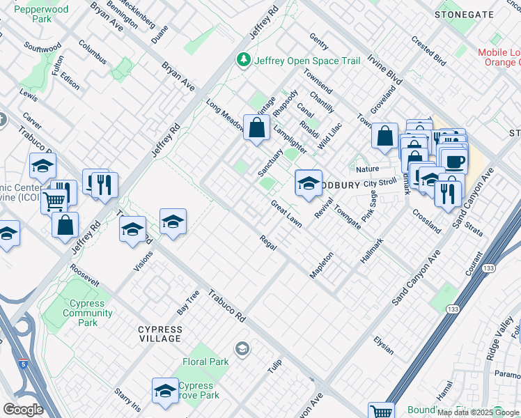 map of restaurants, bars, coffee shops, grocery stores, and more near 127 Alhambra in Irvine
