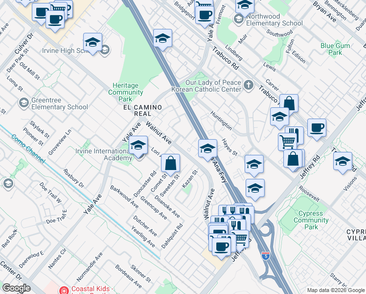 map of restaurants, bars, coffee shops, grocery stores, and more near 17 Springfield in Irvine