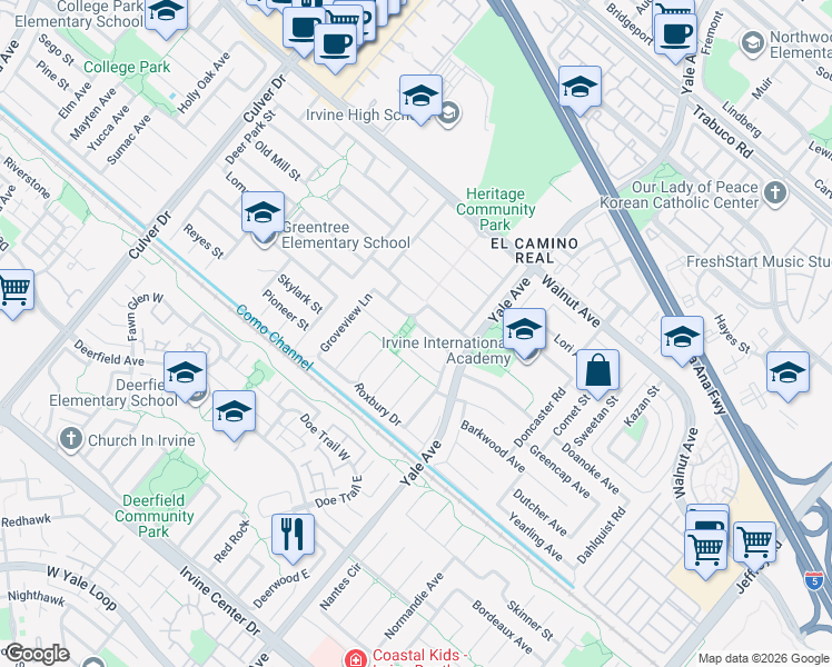 map of restaurants, bars, coffee shops, grocery stores, and more near 4591 Abbotswood Circle in Irvine