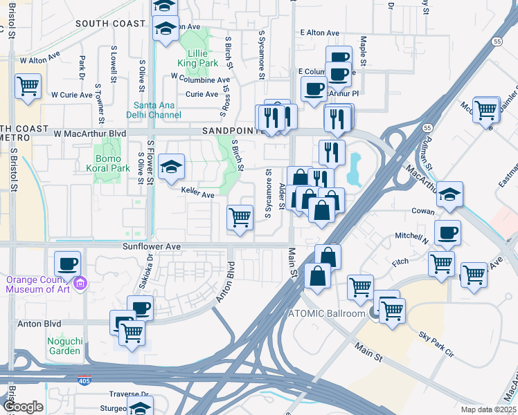 map of restaurants, bars, coffee shops, grocery stores, and more near 3814 South Sycamore Street in Santa Ana