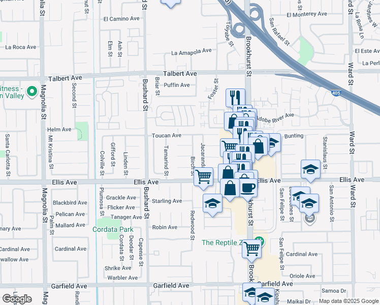 map of restaurants, bars, coffee shops, grocery stores, and more near 18360 Birch Street in Fountain Valley
