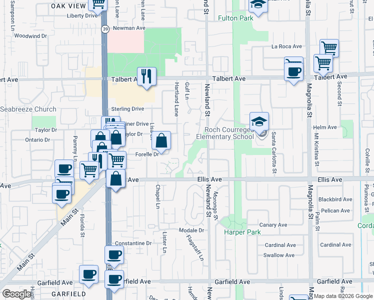 map of restaurants, bars, coffee shops, grocery stores, and more near 18352 Hartlund Lane in Huntington Beach
