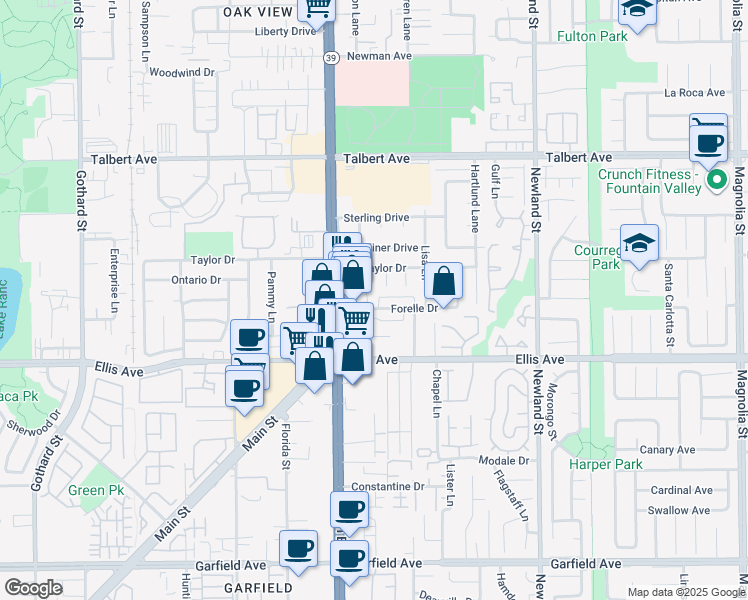 map of restaurants, bars, coffee shops, grocery stores, and more near 8091 Forelle Drive in Huntington Beach