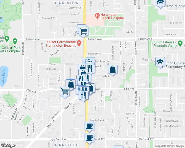 map of restaurants, bars, coffee shops, grocery stores, and more near 18352 Beach Boulevard in Huntington Beach