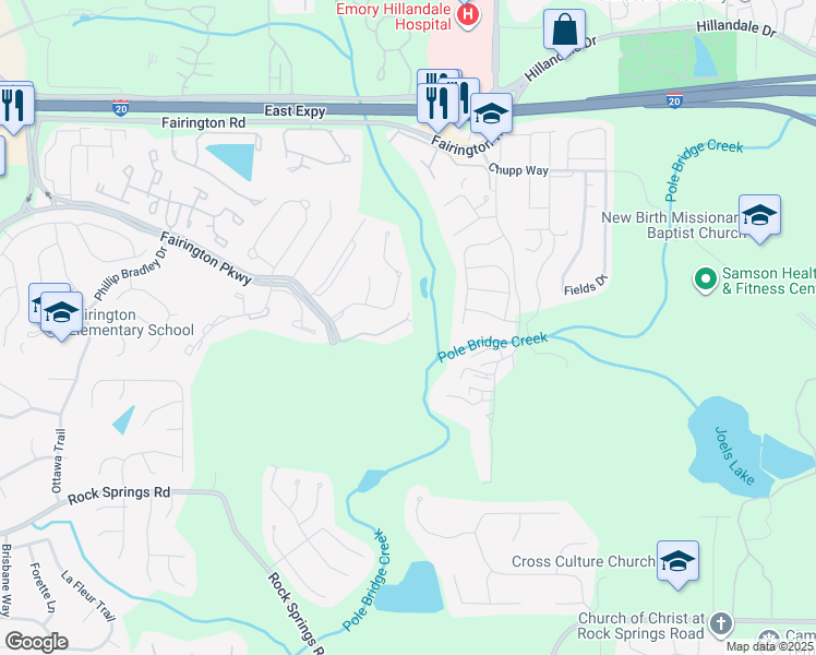 map of restaurants, bars, coffee shops, grocery stores, and more near 6204 Fairington Club Drive in Stonecrest