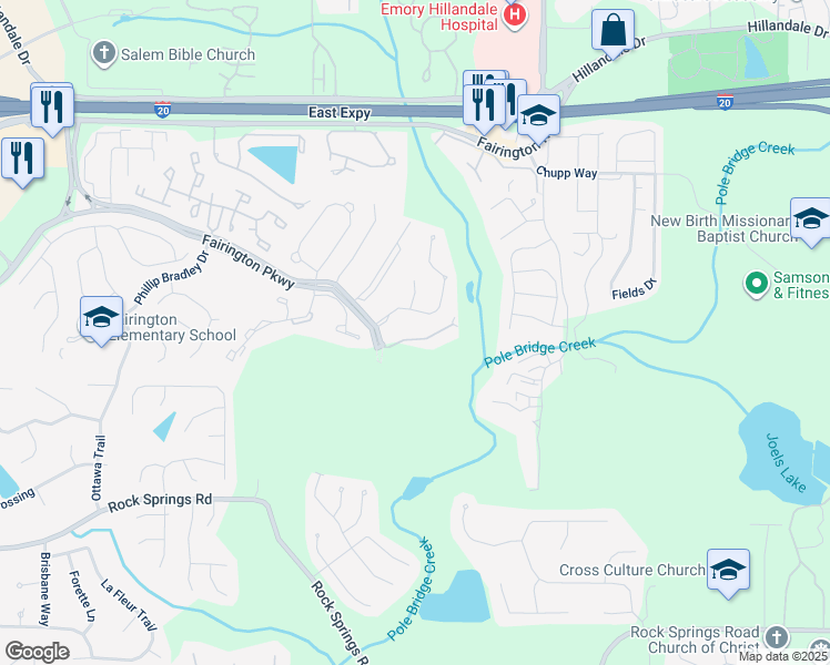 map of restaurants, bars, coffee shops, grocery stores, and more near 4301 Fairington Club Drive in Stonecrest