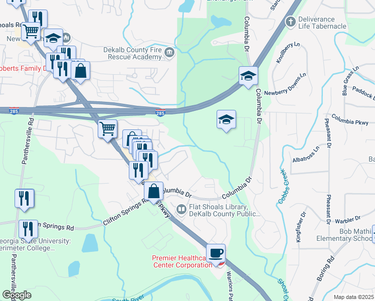 map of restaurants, bars, coffee shops, grocery stores, and more near 2852 Vining Ridge Terrace in Decatur