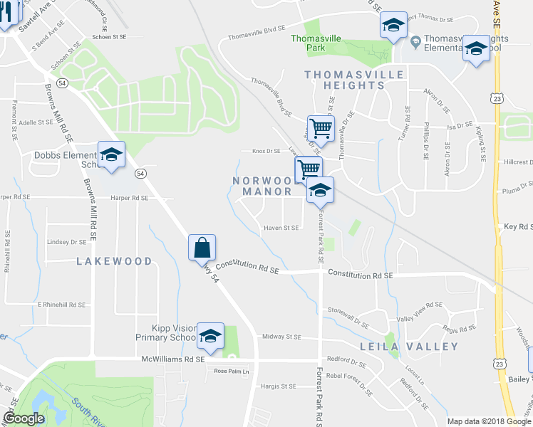 map of restaurants, bars, coffee shops, grocery stores, and more near 2122 Belhaven Lane Southeast in Atlanta